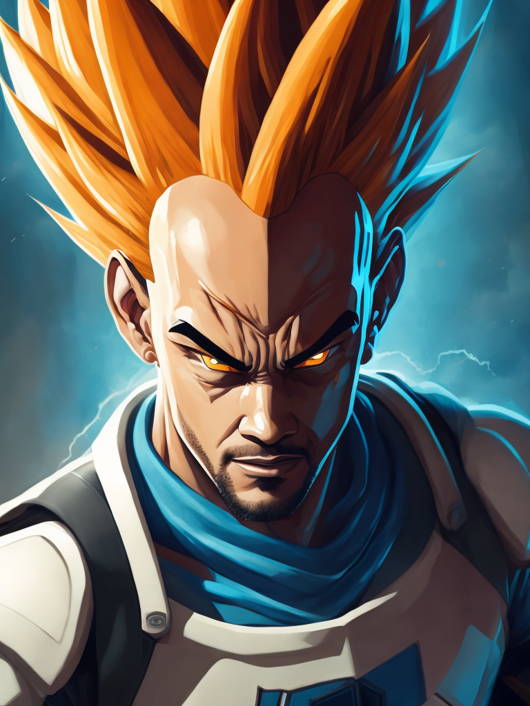 Will Smith as Dragon Ball character Vegeta, aggressive face, blue and white suit, spiky hairstyle, bright saturated colors, bright gradient background,