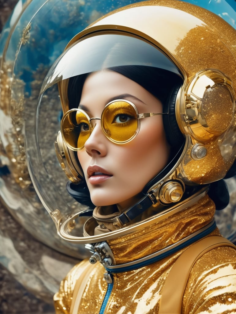 Photography on Santorin planet, 60'S gorgeous astronaut woman in an glitter transparent gold astronaut spacesuit wearing a large transparent plexiglass helmet glasses, 80 degree view, art by Sergio Lopez , Natalie Shau, james jean and salvador dali