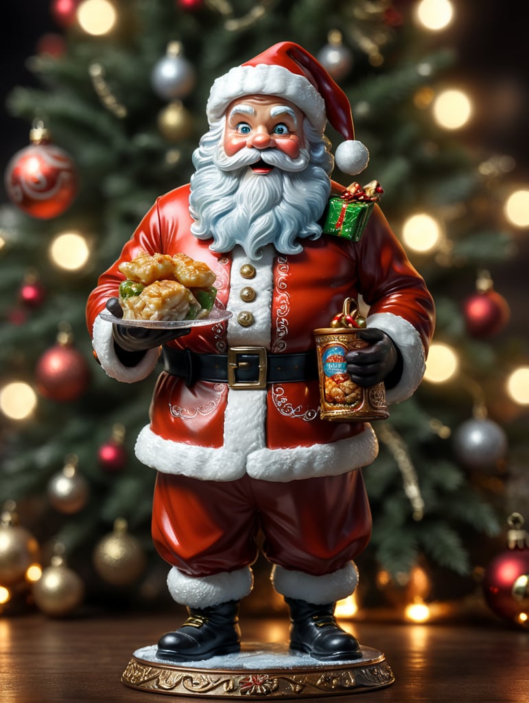 santa claus small glass glass figure, christmas toy for the christmas tree, embalagem de produtos congelados na mão esquerda, e a segurar um prato típico português de bacalhau assado.