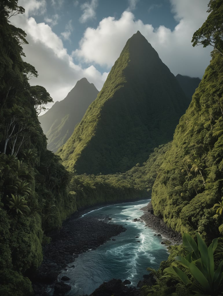 American Samoa, Island with a few Mountains, greenery, river running from ocean into a valley, ocean only on the bottom middle running up to the right
