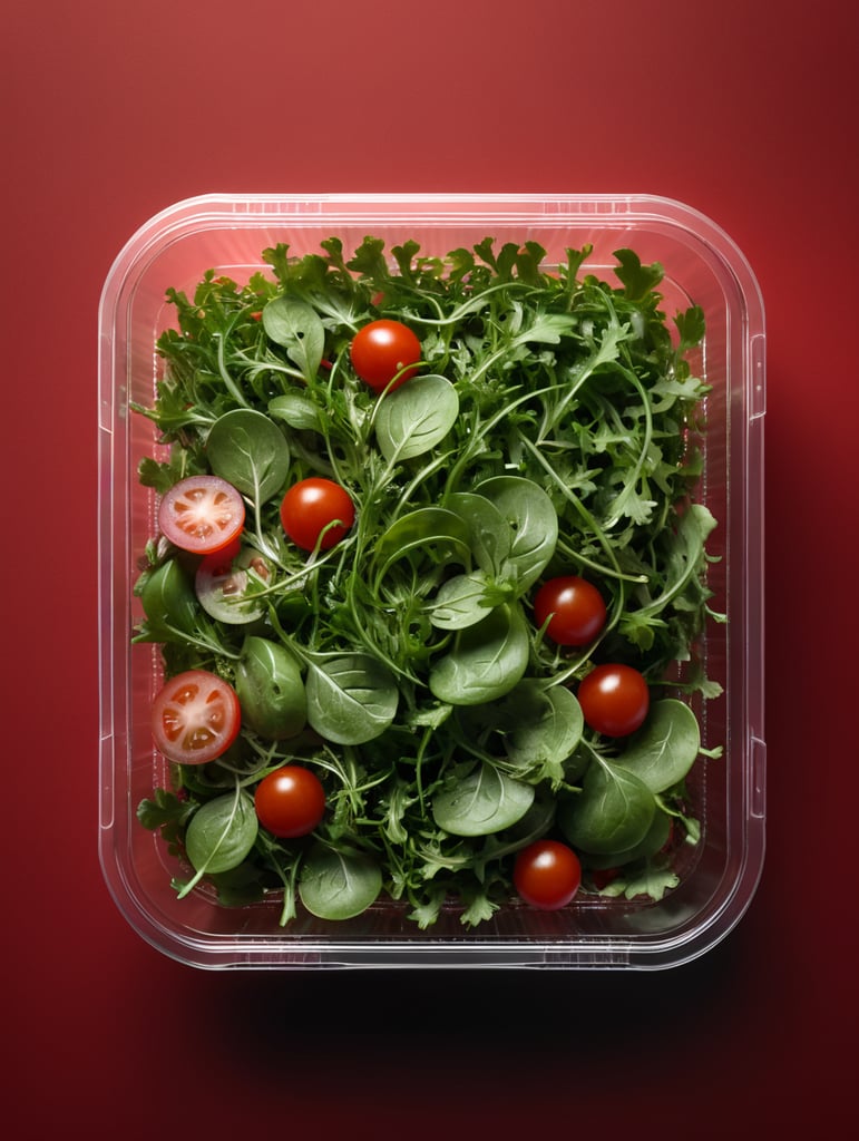 blank Transparent Plastic Container with Arugula Salad, isolated, red background, Mockup, mock up