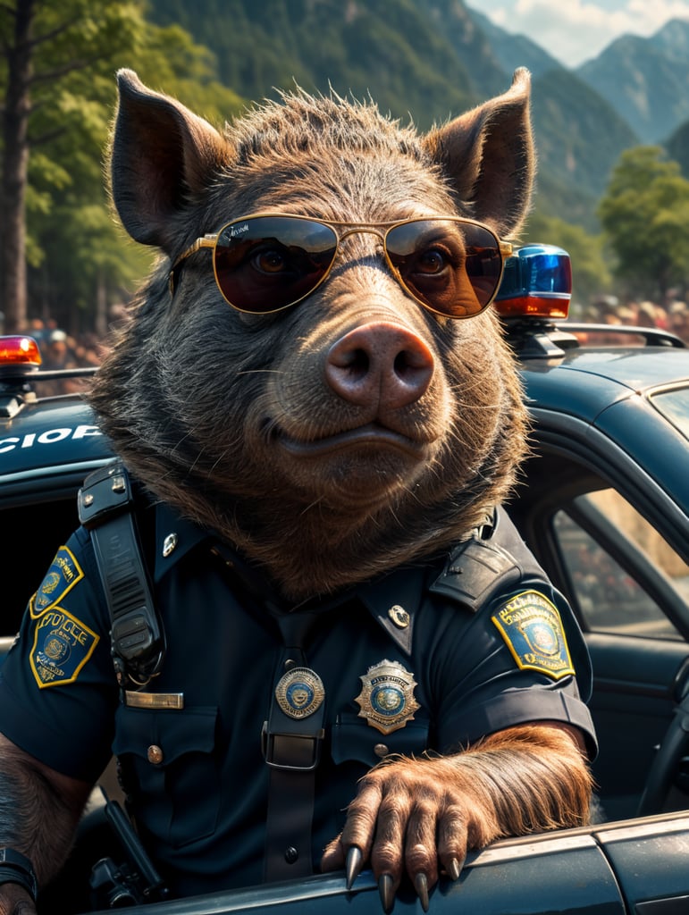 A wild boar police officer, sitting behind the wheel of a police car, close-up shot, sunglasses, clipart, stock photo