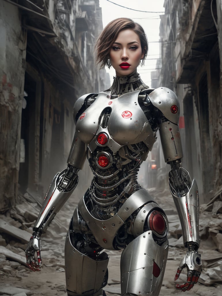 A photo of a slender female cyborg with red lips, standing in an abandoned alley, ready to fight, with wide hips and a skinny frame, while flirting with the camera. (robot:1.3), debris, blurry, reflective metal, from above, short hair