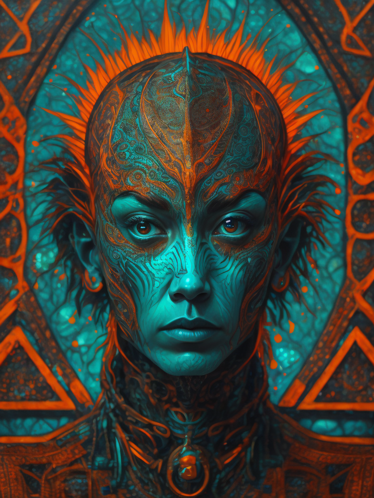 Portrait of an alien, batik, intricate details, surreal, Alien, Cyberpunk Trashcore Style, turquoise and orange, s 1000