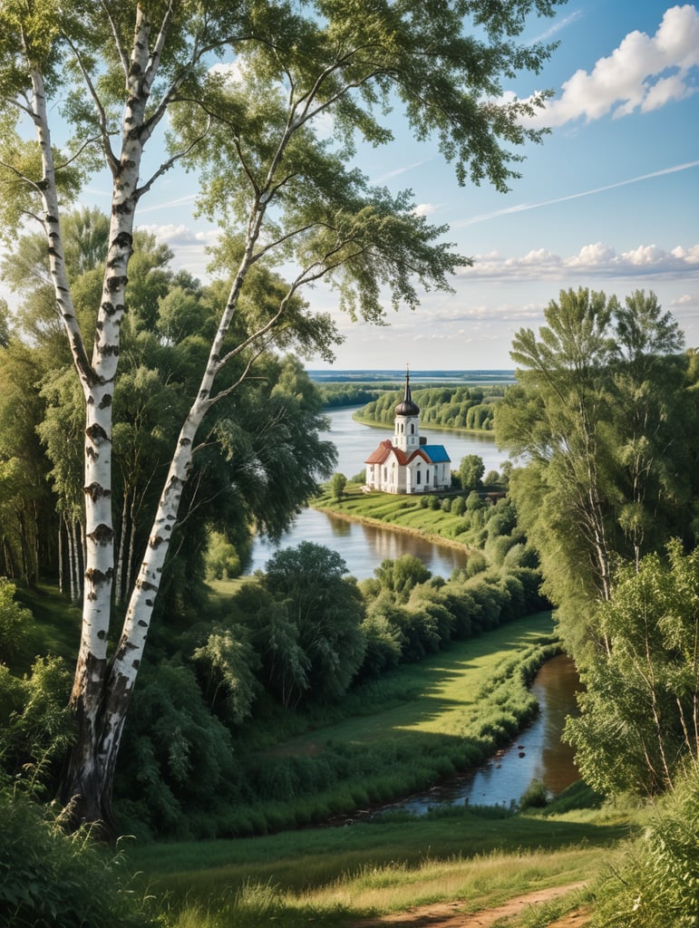 Russian landscape, view of the river from a high bank, summer, large two birch trees in the foreground, branches with dense foliage, a church and houses just below, the river and the opposite bank in the distance, blue sky with light clouds, no people, realism, high definition, watercolor style, sunlight, joy, tranquility