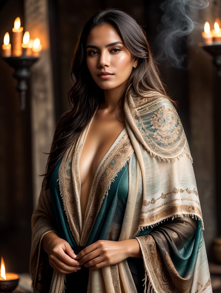 hermosa joven mexicana, vista de cuerpo completo, cubierta con un rebozo, artes chamánicas,incienso en la mano