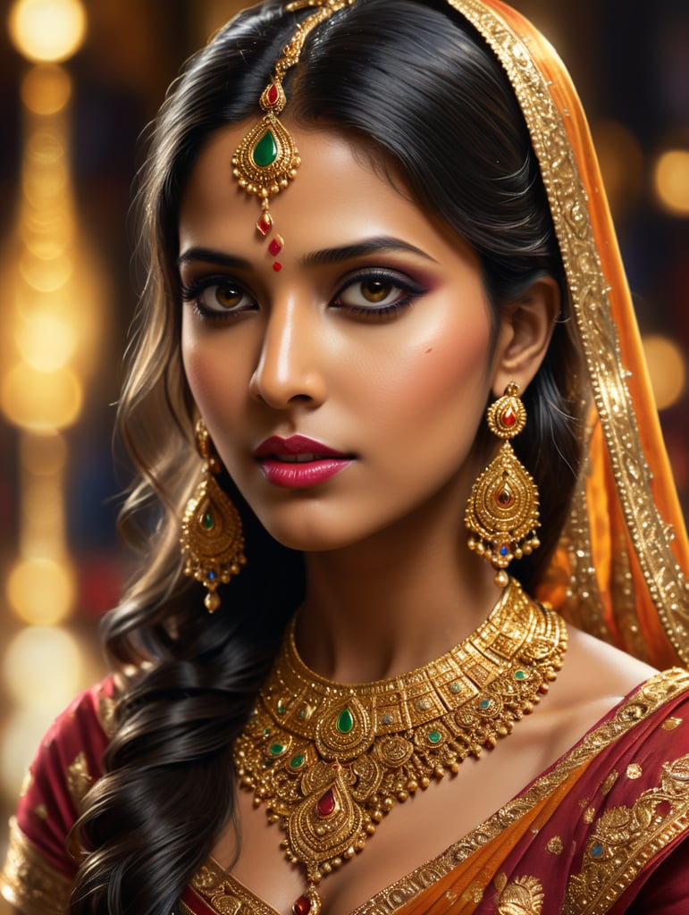 Indian Tamil girl, rich beautiful sari, bright makeup, golden jewelry, casino