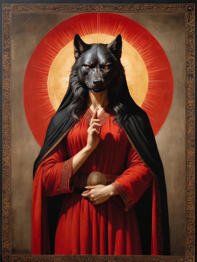 icon painted by Leonardo Davinci, portrait of a women with a black angry Wolf head, clothes in a black and red coverlet, hand crossing fingers, glow around the head in the form of a sun