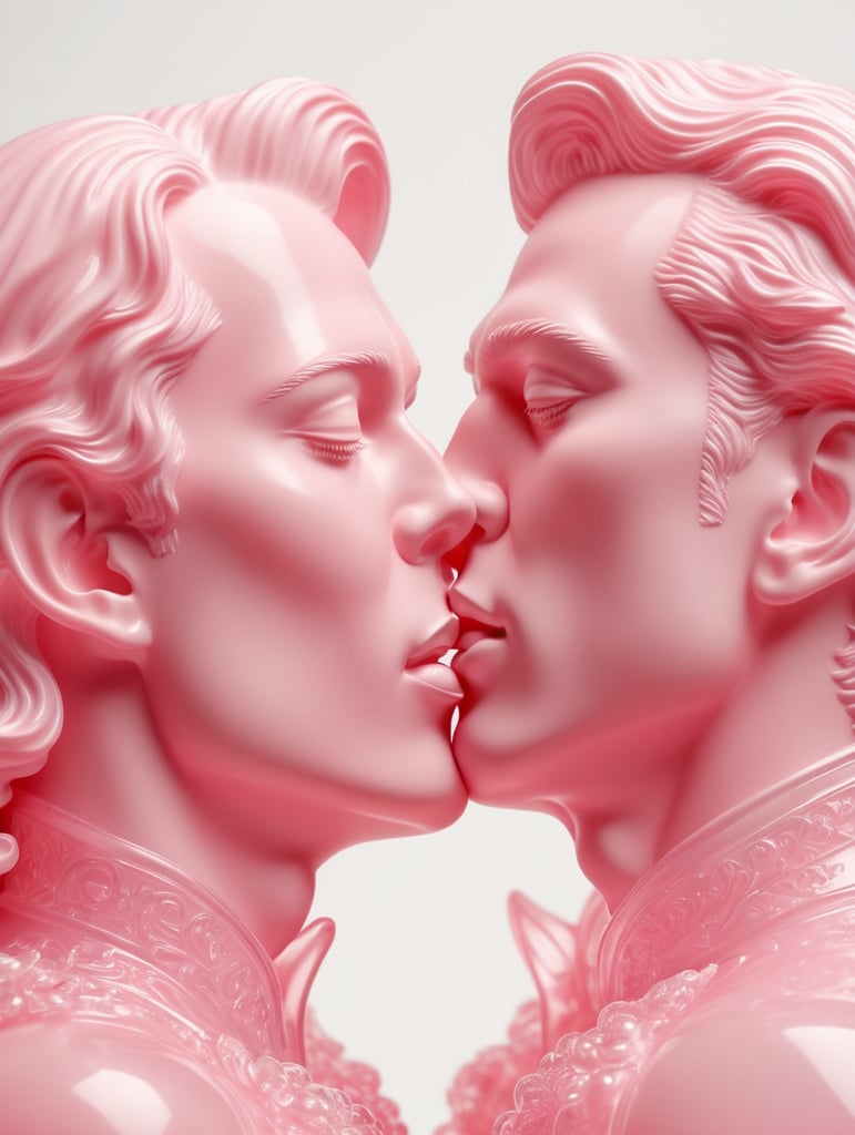 Kiss Art: Two pink translucent wax figures kissing each other, isolated, pink background