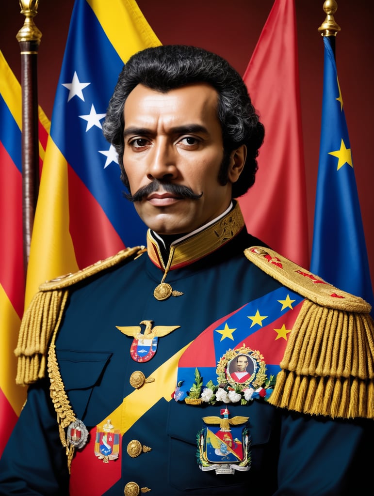 Simon Bolívar junto a unas banderas de Venezuela