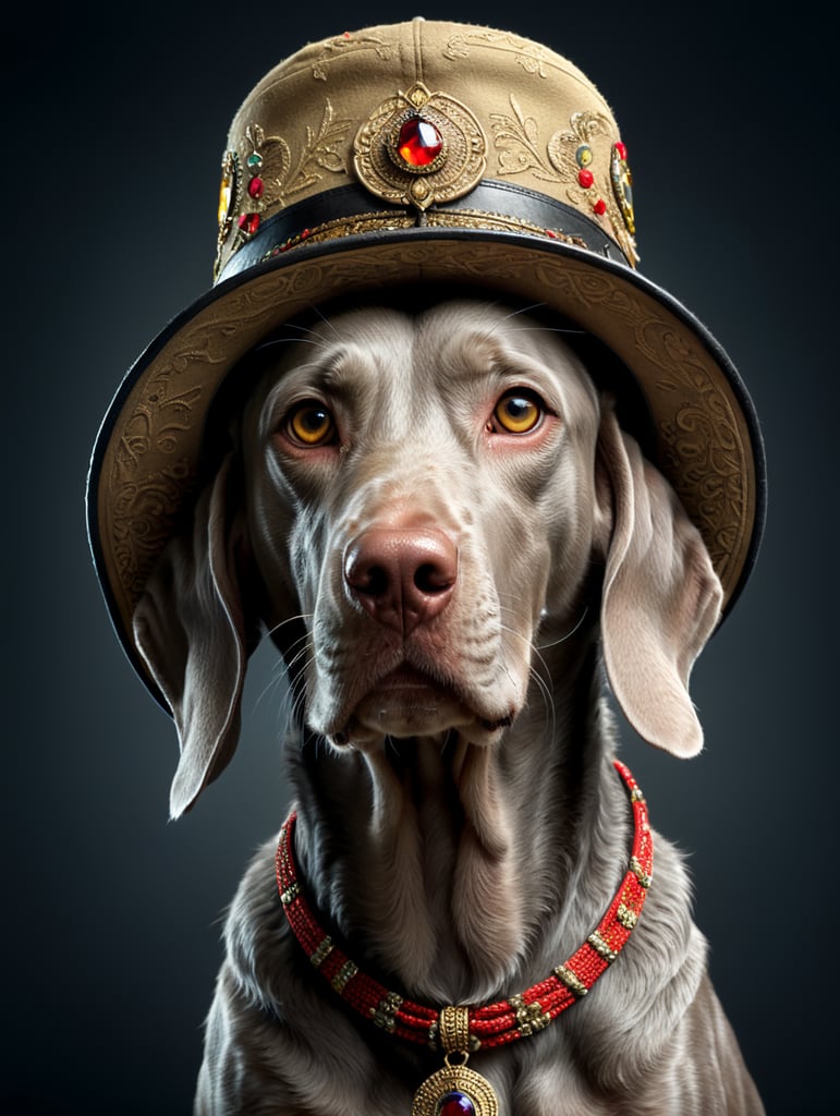 Weimaraner dog wearing hat