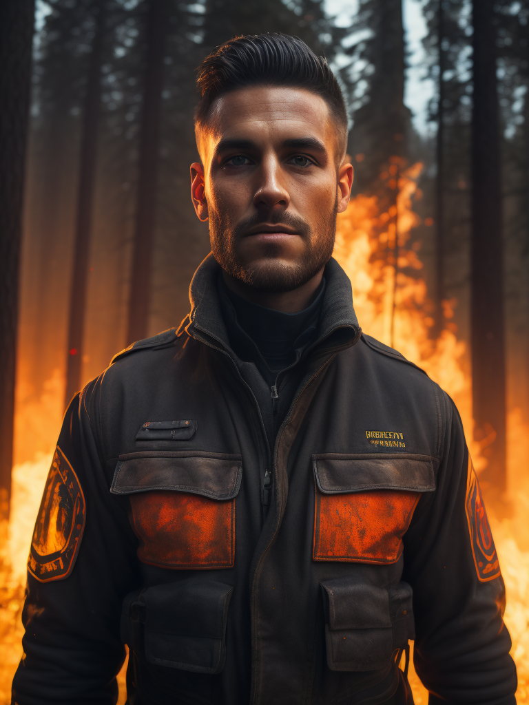 epic portrait of a Firefighter, close-up, forest fire, British Columbia Wildfire, Canada