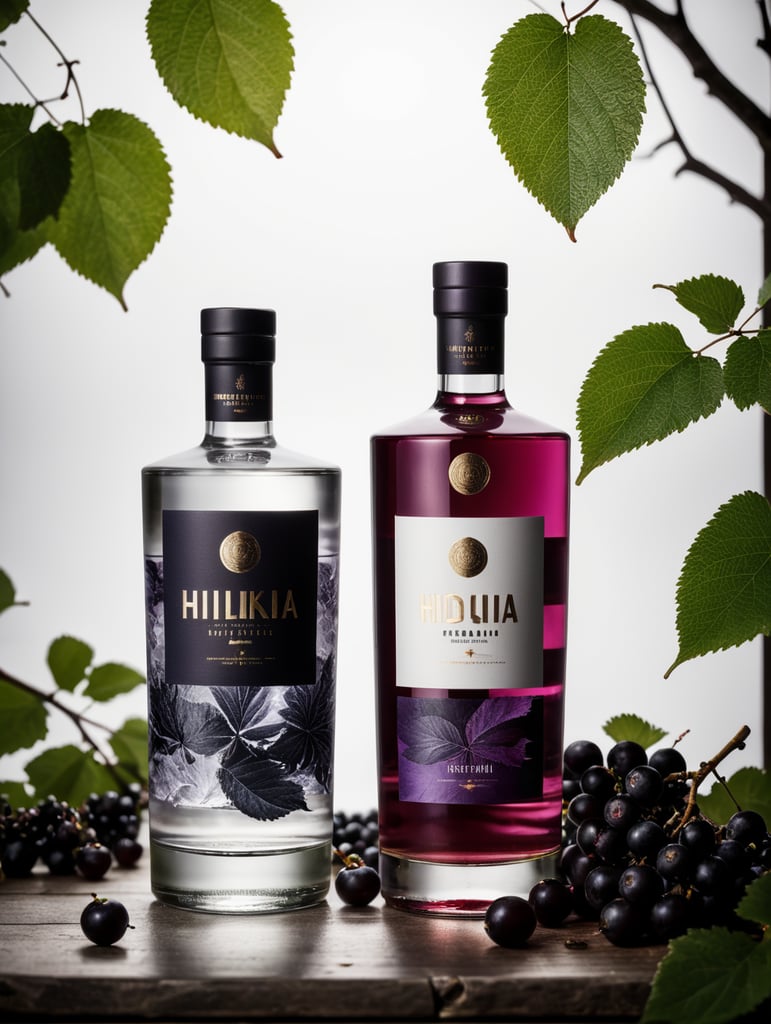 Packaging and branding for a vodka brand as if it had been designed by HI ESTUDIO with In a set design with bricks, black currant and dry leaves.