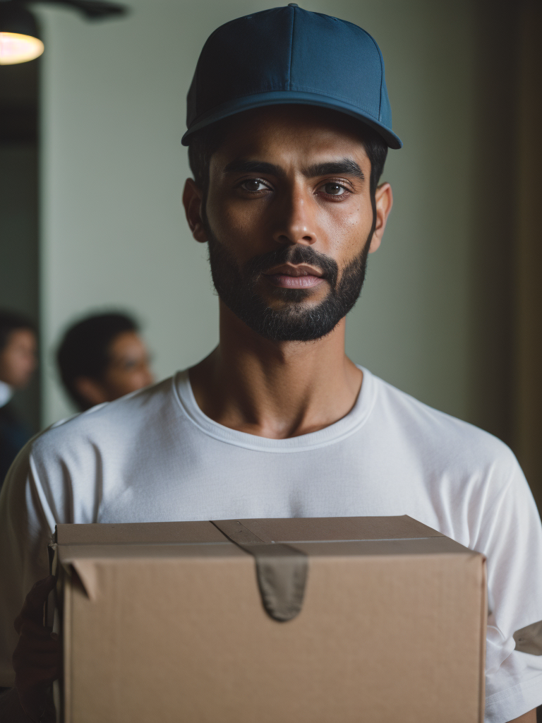 portrait of a delivery Indian man with black beard, wearing a white cap and white t-shirt, holding a box