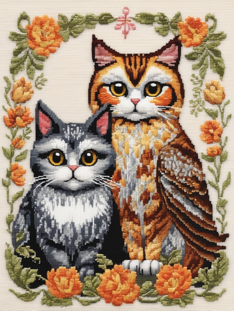 Create a cross stitch style image, using DMC thread colours. Based on "The Owl and the Pussycat" poem. Should be cute. Must include a picture of a cat and an owl