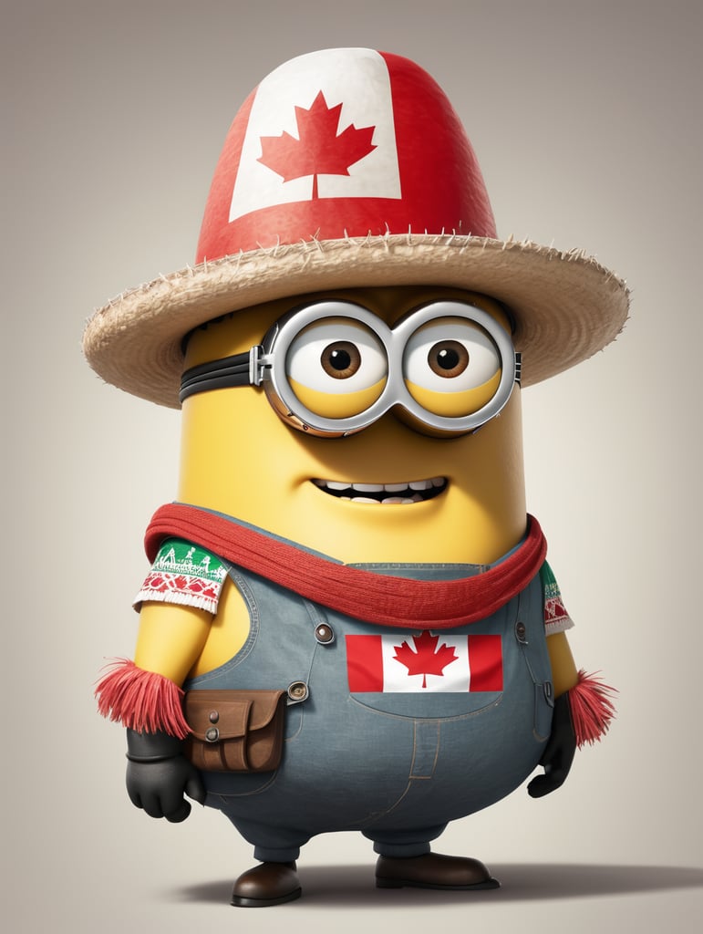 fat minion wearing a canadian shirt and a mexican hat