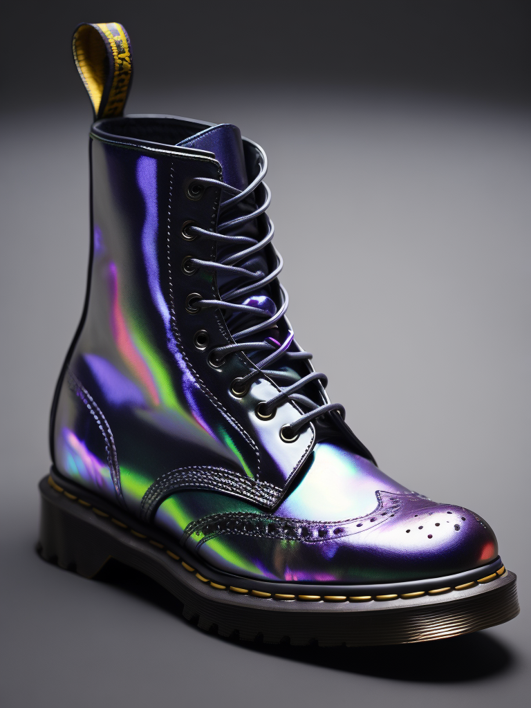 MADE OF IRIDESCENT FOIL + a holographic transparent shoe by dr.martens, octane render, blender, realistic, detailed