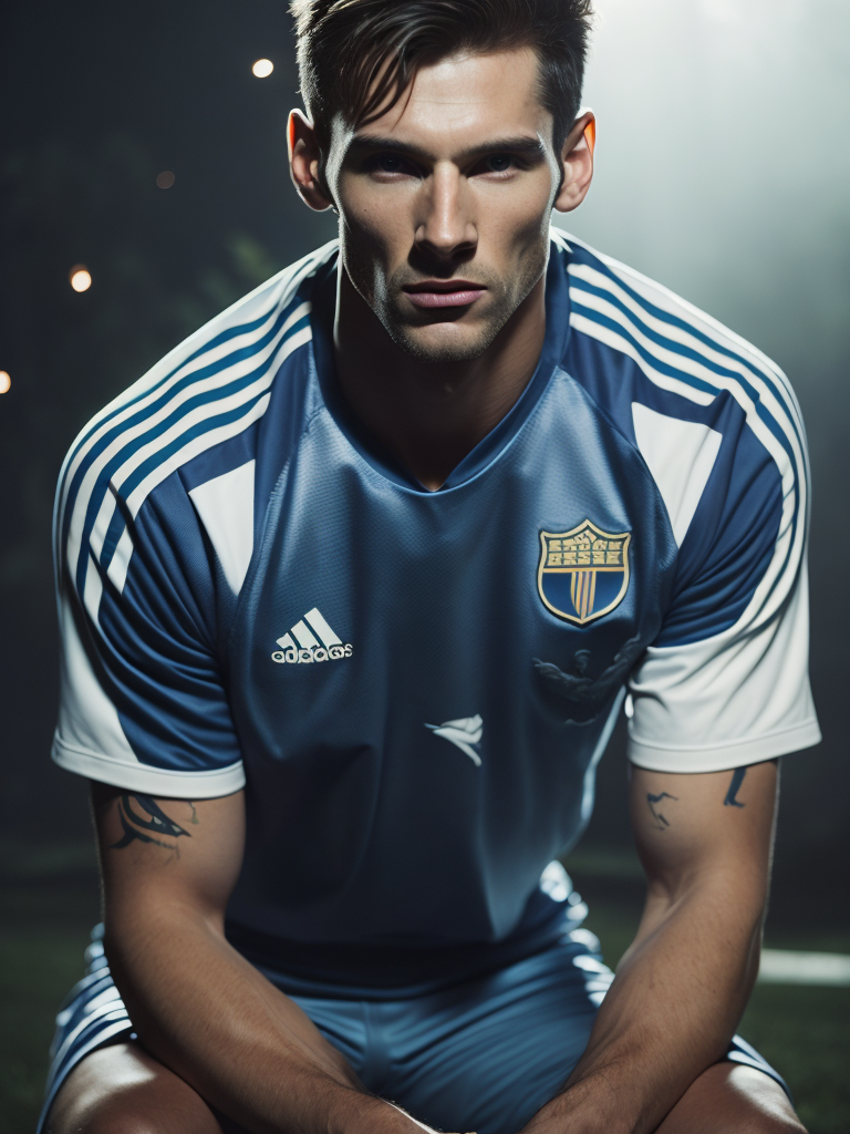 Messi adidas raglan football uniform bright blue and white colors saturated colors highly detailed fashion magazine sharp focus dramatic lighting depth of field