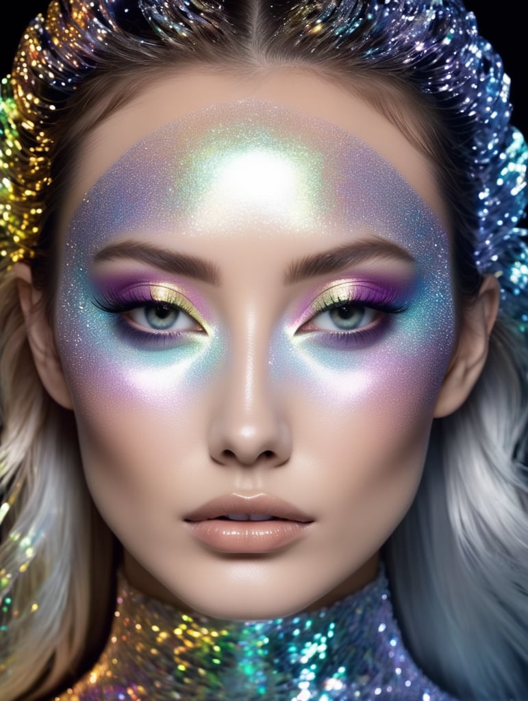Mesmerizing Holographic face materials shimmer in motion, Photography in the style of Rankin