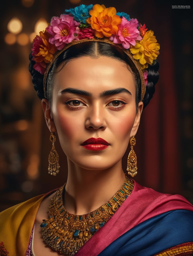 'Portrait of Frida Kahlo, bright and saturated colors, elegant, highly detailed, vogue, fashion magazine, sharp focus, bright expressive makeup, dramatic lighting, depth of field, incredibly high detailed, blurred background'