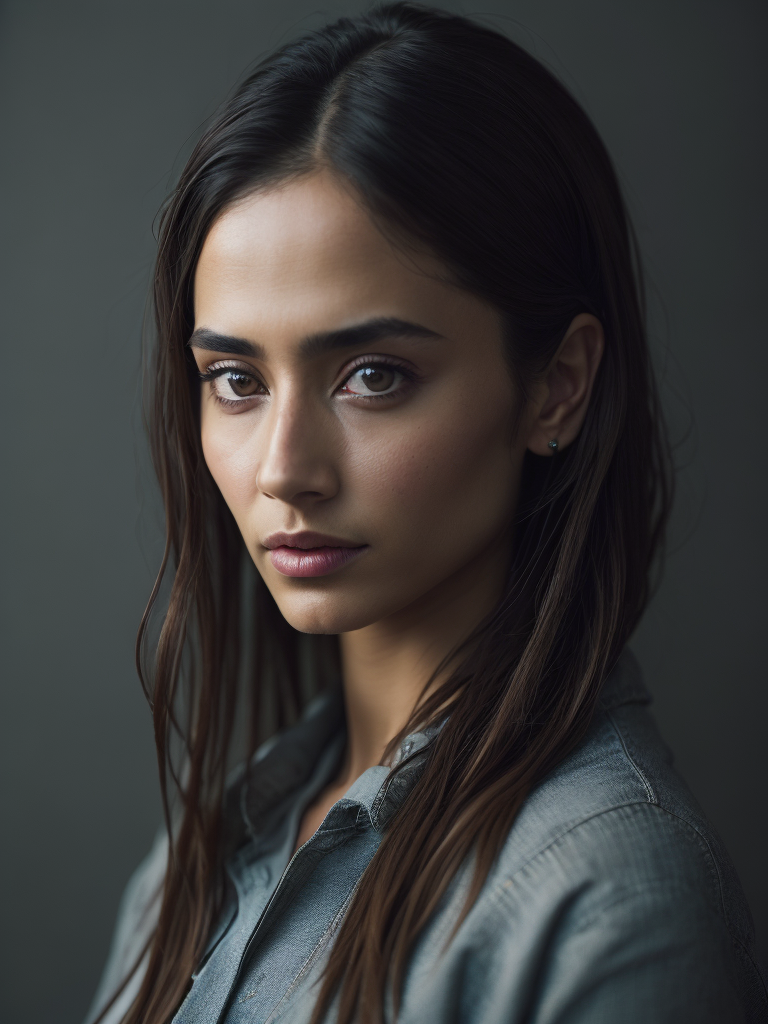 कैमरे का सामना करने वाली सुंदर भारतीय लड़की, गोरा रंग, सममित चेहरा, अति विवरण, प्राकृतिक प्रकाश, हल्की पृष्ठभूमि, फोटो, स्टूडियो प्रकाश व्यवस्था, उम्र 20 वर्ष। एकल चित्र. भूरी आँखें