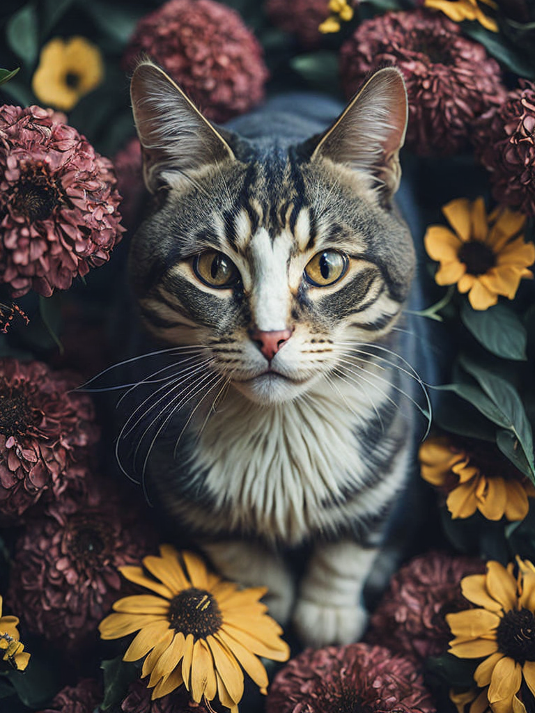 A cat is surrounded by flowers and flowers in a pile of them, looking up at the camera, a stock photo, conceptual art, photorealistic