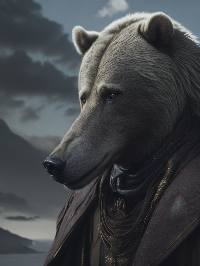 Portrait, human male, shaman, nomad, well-traveled, flowing robes, neck scarf covering mouth, long staff in right hand, empty hand reaching, ethereal ghost of roaring grizzly bear in background, intense blue cloudy sky, dramatic lighting, depth of field, incredibly high detailed