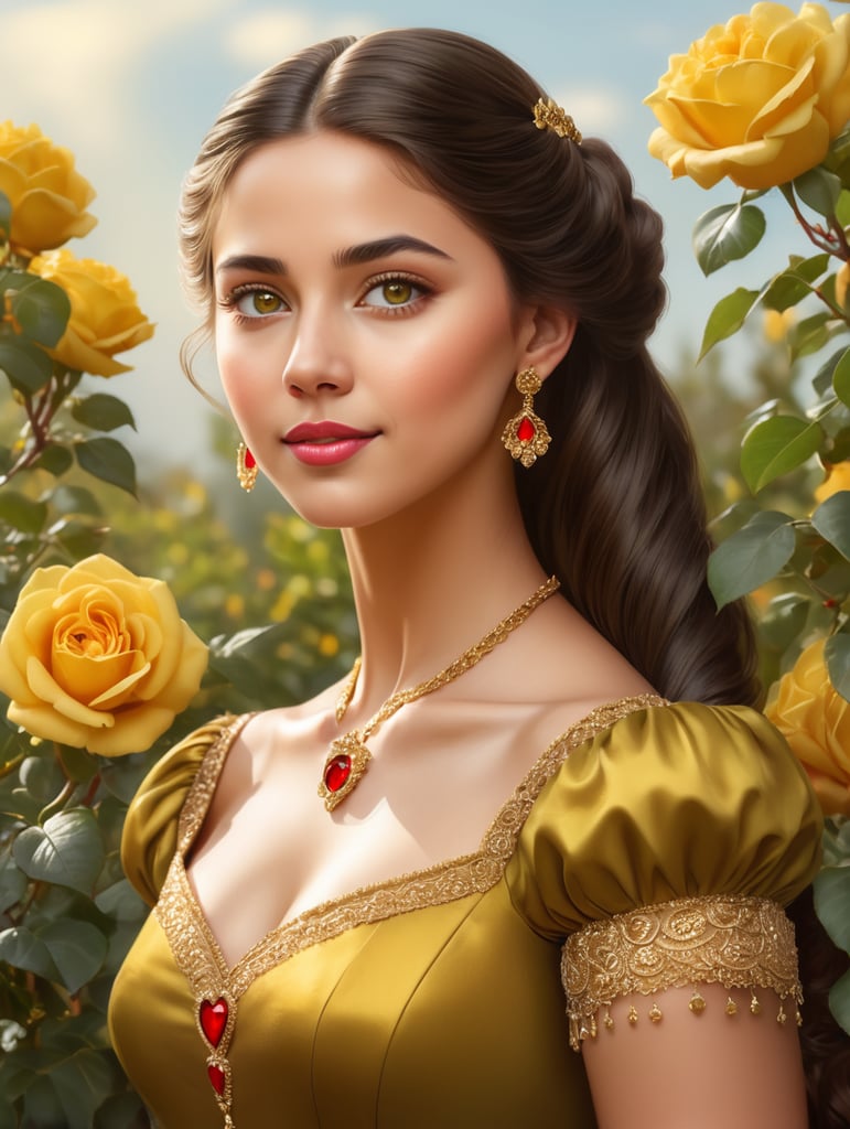 A hyper realistic portrait of a stunningly beautiful princess wearing her golden dress with heart-shaped buttons and red earrings, posing in front of yellow rose bushes. Her hair is long dark brown and straight. She has green eyes and an oval face. Typical colors. High resolution. 3 4 view pose, shown to waist.