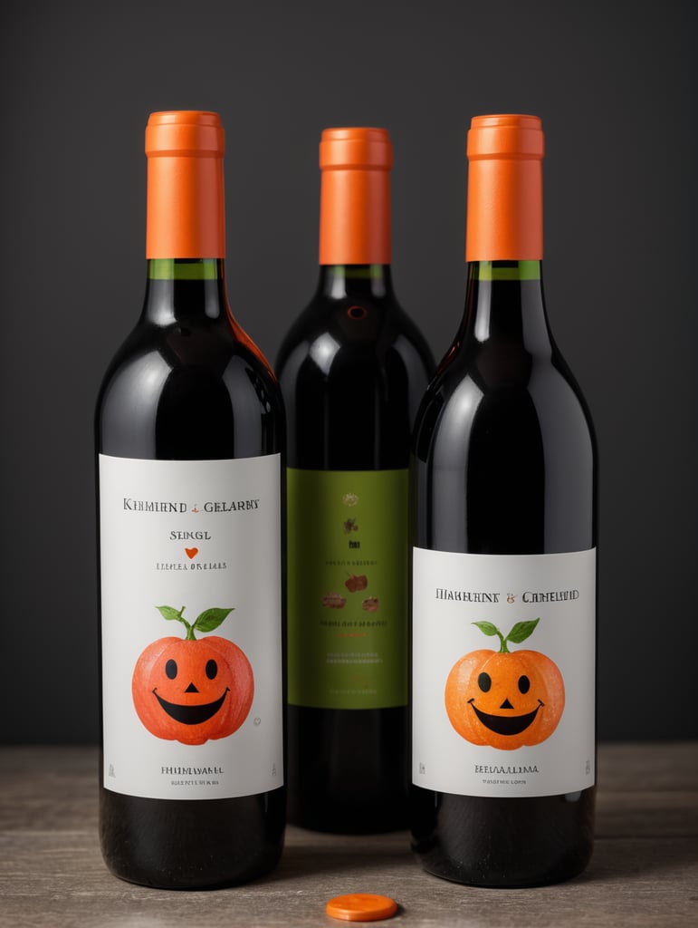 dos botellas de vino tinto con etiquetas ilustradas por un niño de kinder con caras felices y personajes de palitos con colores vibrantes, las botellas que sean de acrilico de color naranja y verde fosforescente. en set fotografico profesional minimalista con fondo gris obscuros