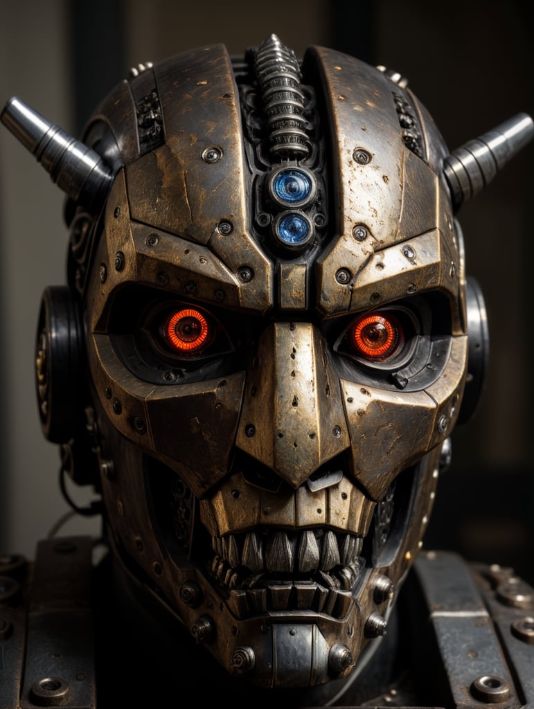 Horror-themed transformer head, a 2000 year ((old metal bone)),highly detailed,sharp, shiny details, detail face, front view, realistic image, studio lighting, unsettling, dark, spooky, suspenseful, scary, highly detailed, lockdown transformer, detailed eyes, black steel details, angry face