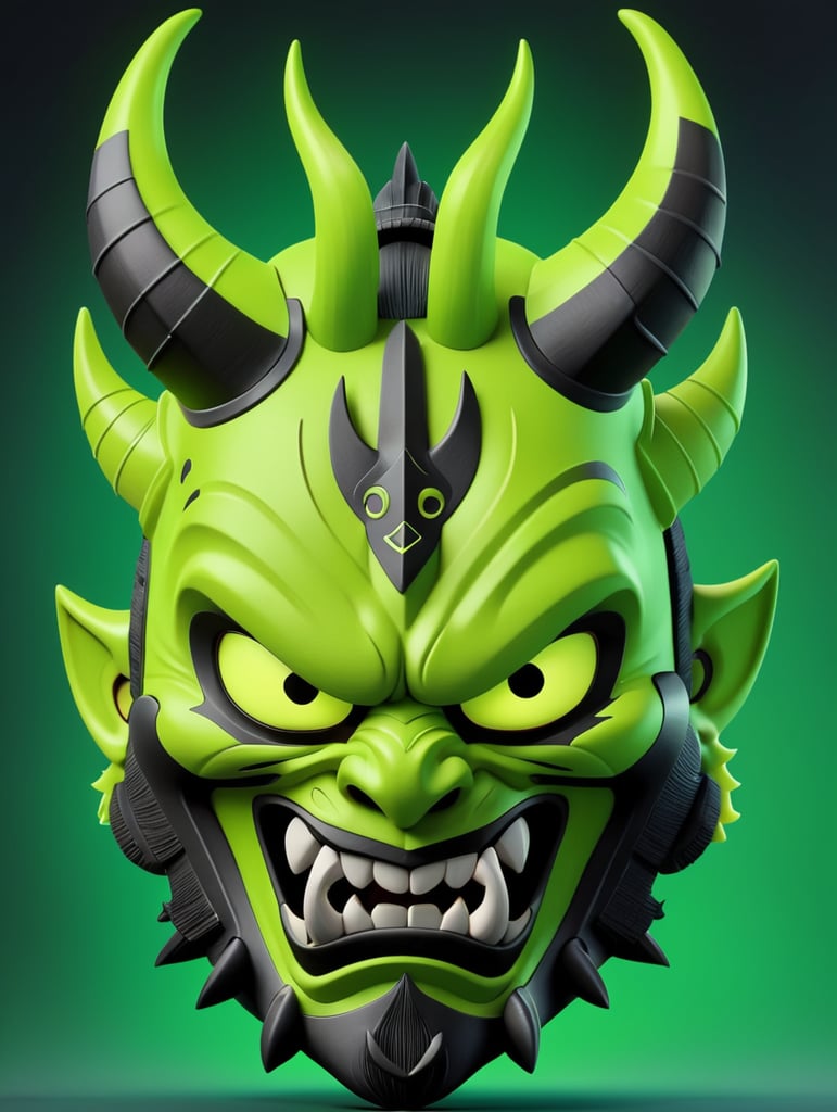 Illustration of a demon mask, demon samurai mask, oni mask, neon green oni mask, samurai mask, samurai, demon samurai, demon samurai warrior, oni horns, cartoon, 3d render, soft shadows, cartoon, pixar, videogame character, neon green and black, close up