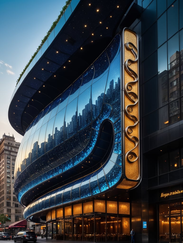 A futuristic neocosmic architectural facade of à Restaurant on the form of a musical note, in New York city, in blue glass, hyper realistic, hyper detailed, Nikon camera