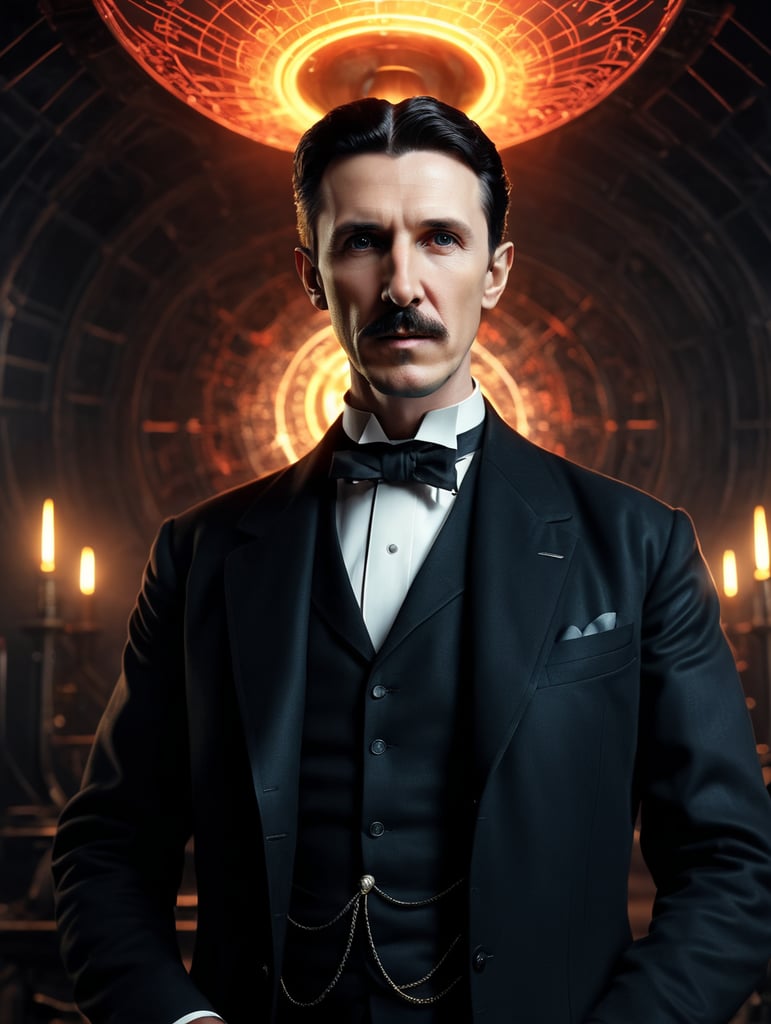 full standing centered Portrait of Nikola Tesla, bright and saturated colors, highly detailed, sharp focus, Bright expressive, Depth of field, Incredibly high detailed, on a white background