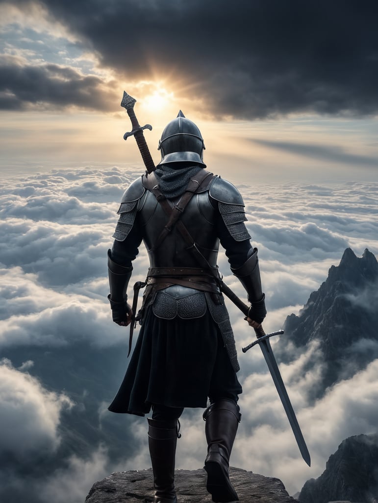 Medieval warrior in the helmet raising his sword above the clouds, walking in the sky above the clouds, super realistic, full-size warrior, detailed, dramatic lighting