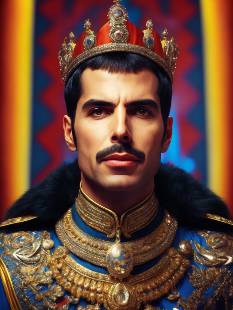 Portrait of Freddie Mercury wearing the Queen's crown, royal mantle, Vivid saturated colors, Contrast light, studio photo, professional photo, Detailed image, detailed face