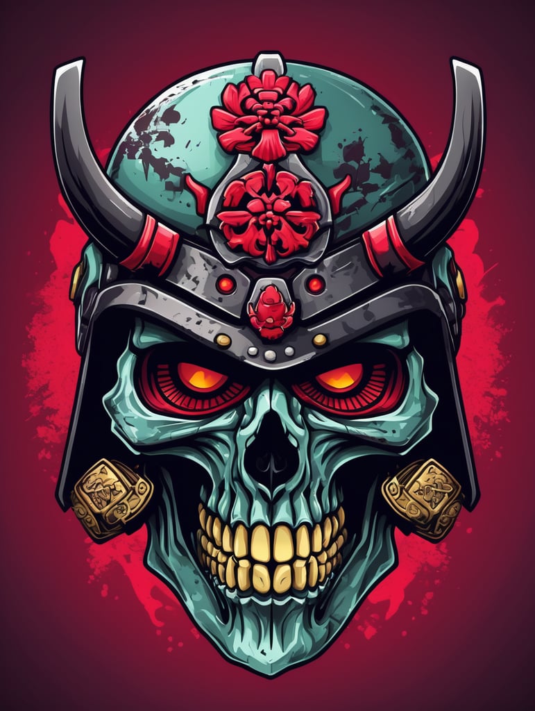 Zombie Skull with Japanese samurai helmet, mascot logo, e-gaming, bright colors, Gaming Logo, vector image
