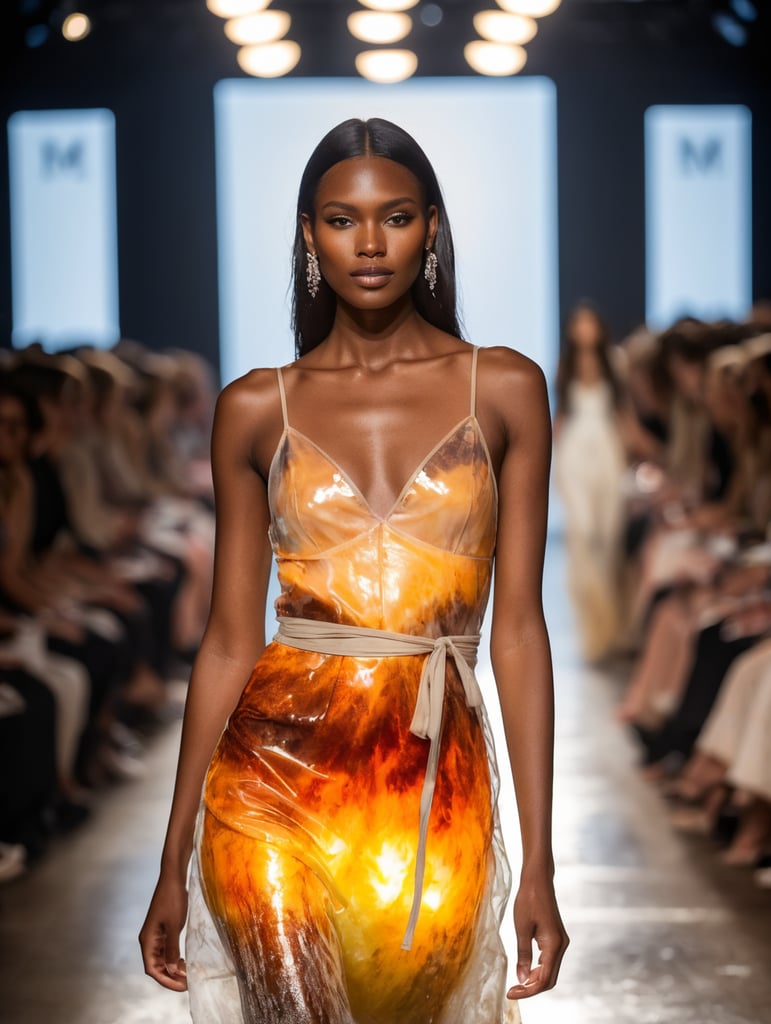 Generate a collection of translucent and transparent, liquid fire dresses on models to promote mental health awareness on fashion show runway. The collection should be both visually striking and meaningful, and it should convey a message of hope and resilience. The collection should be sustainable and ethical, made from recycled materials or produced in a fair labor environment. With light inside.