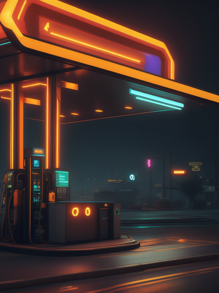 Landscape of a nocturne cyberpunk gas station with neon light, digital art, workstation, incredible high details