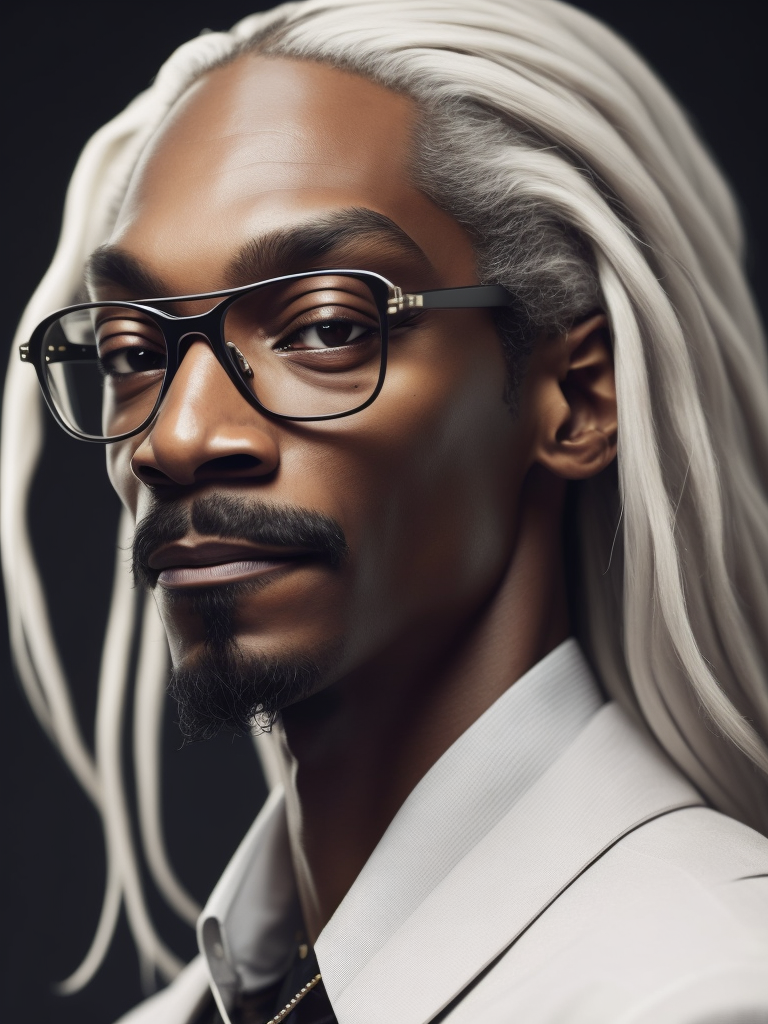 Portrait of Snoop Dogg with white skin and blond hair, glasses and mustache