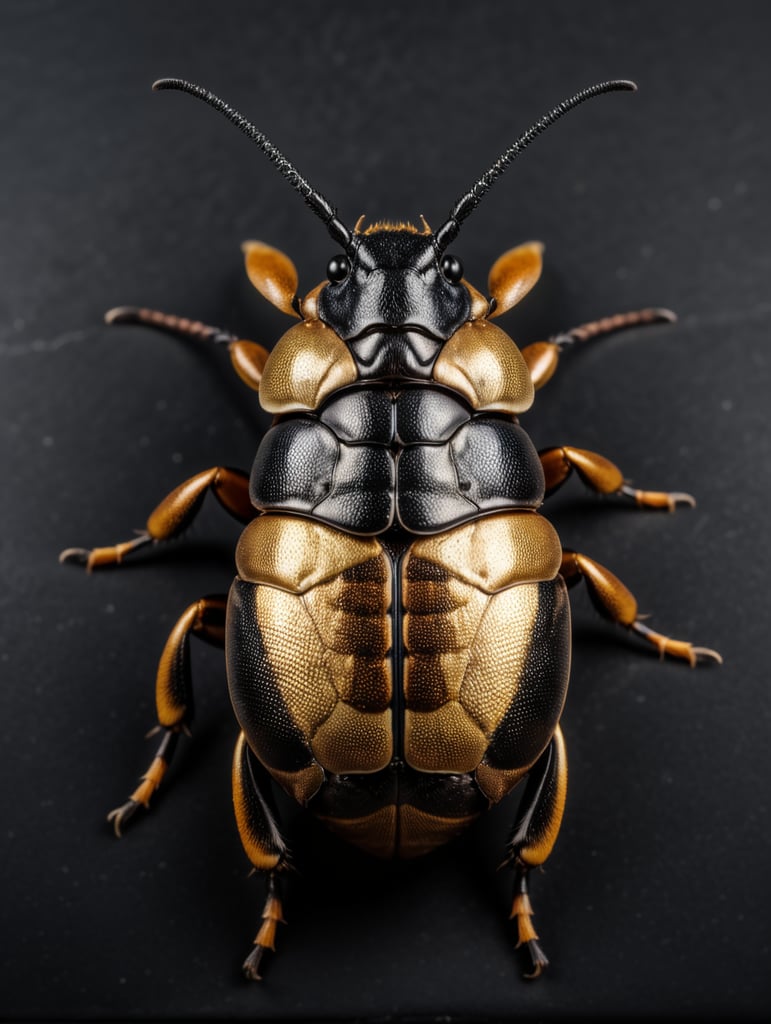 beautiful Goliath beetle, metallic, dark black background, incredibly detailed, overhead view, vibrant, dramatic lighting