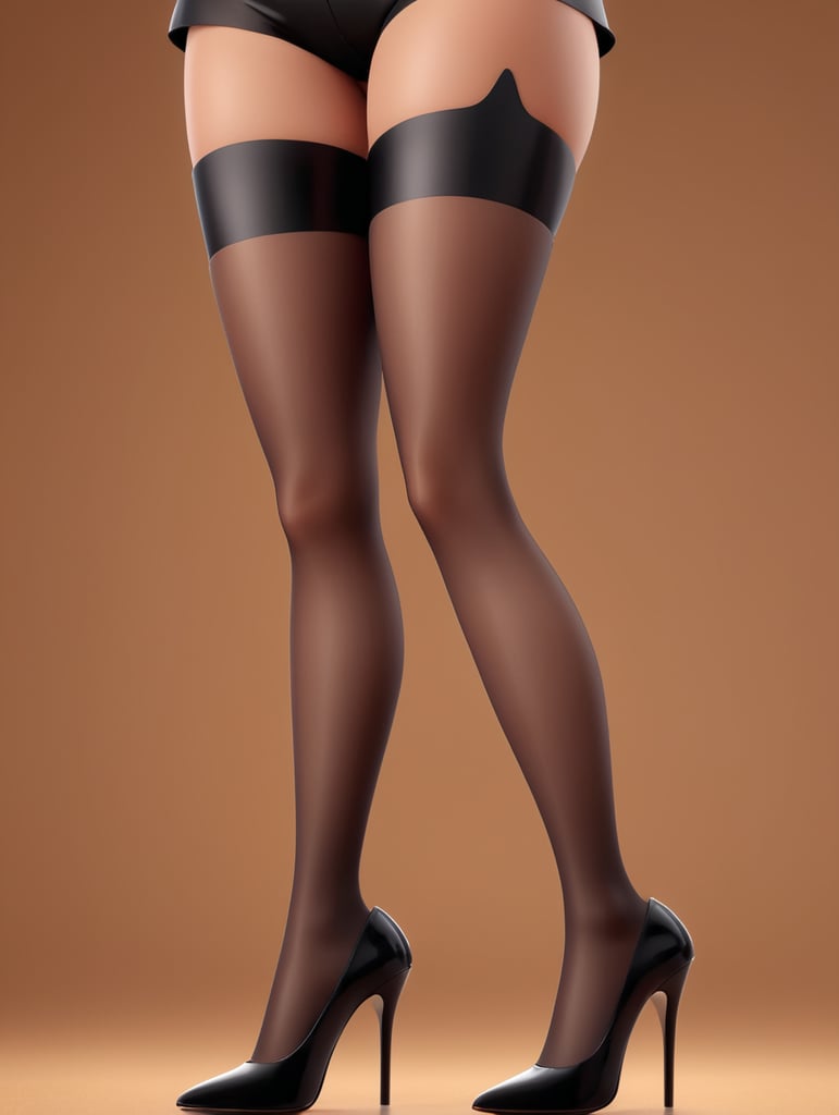 Close up of woman's legs in dark pantyhose and black high heels