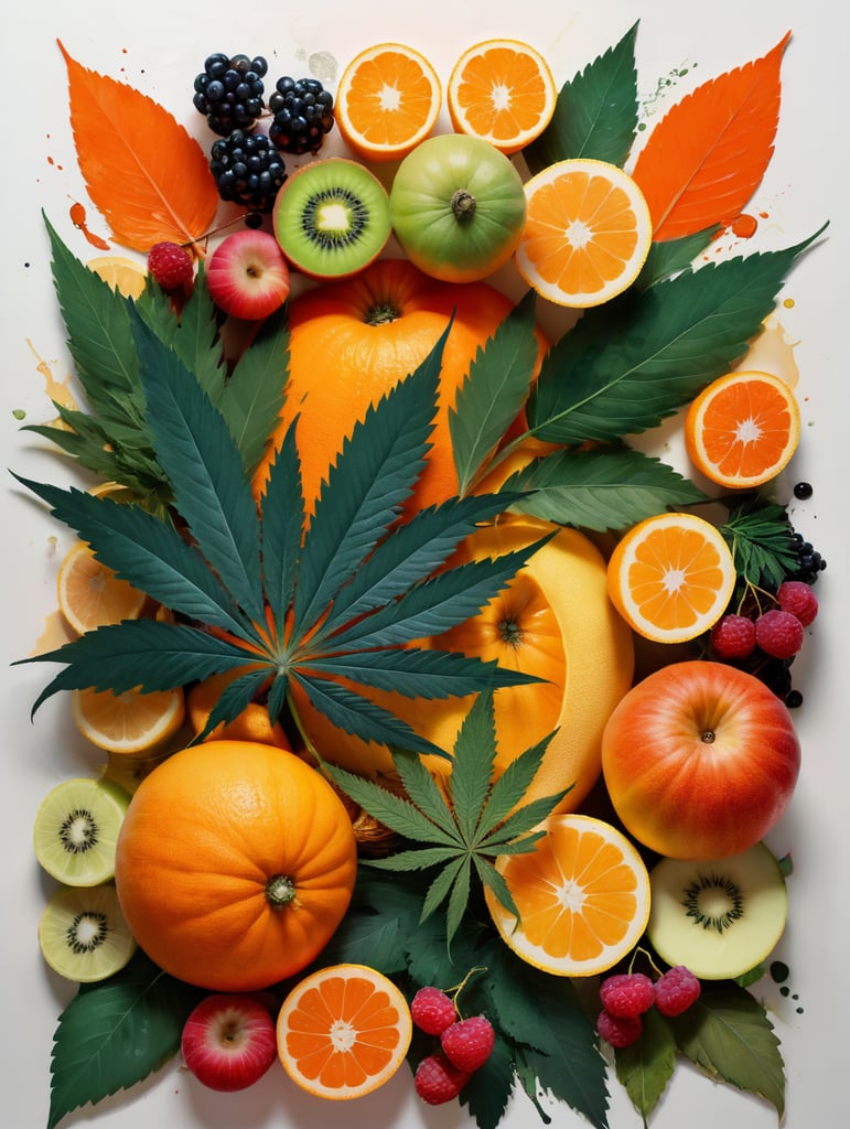 Cannabis leaf surrounded by exotic fruit, berries, and vegetables