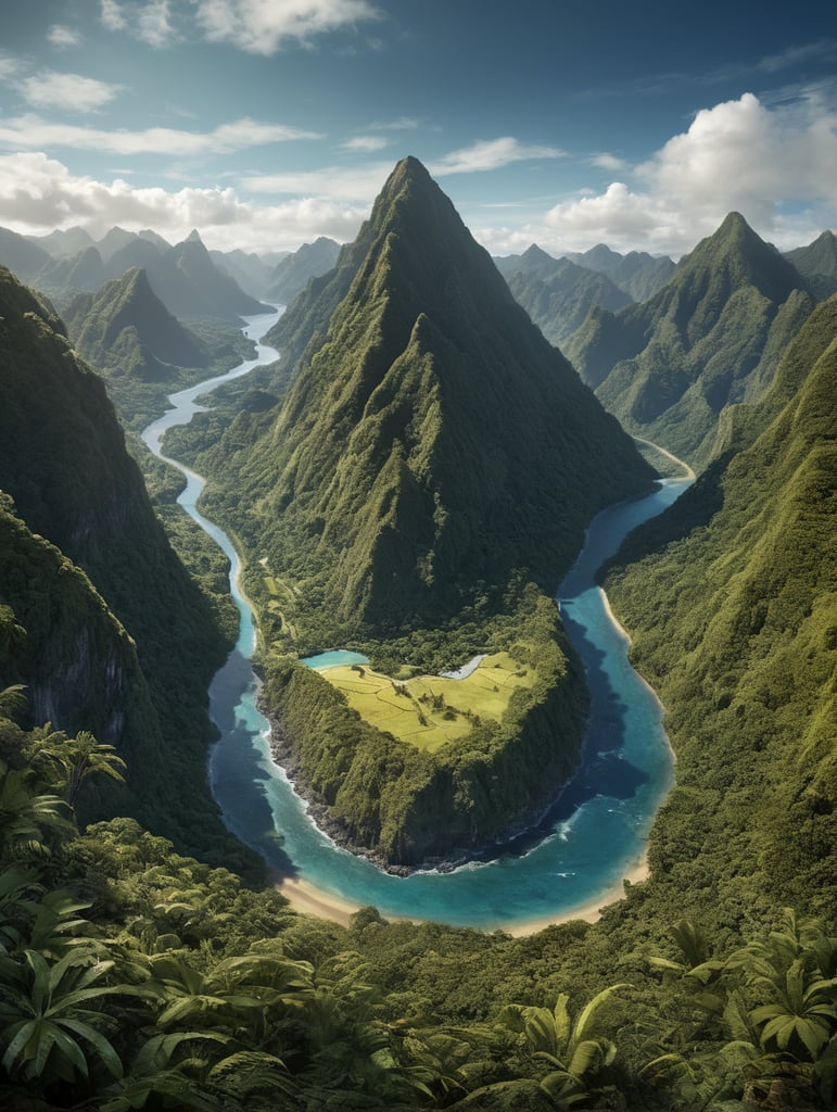 distant image of American Samoa, Island with minimal short Mountains, river running from ocean into a valley, ocean only on the bottom middle running up to the right, clear blue sky