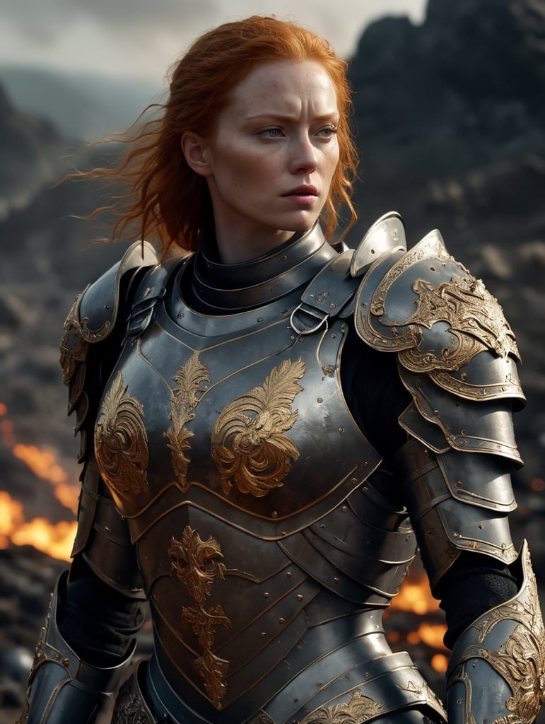 detailed illustration of ginger female divine paladin wearing full plate armor, heavily damaged armor, standing sad on a battlefield, battlefield on fire as background, dirt, misery and decadence, dark ambient, art by Mschiffer, tetradic colors,