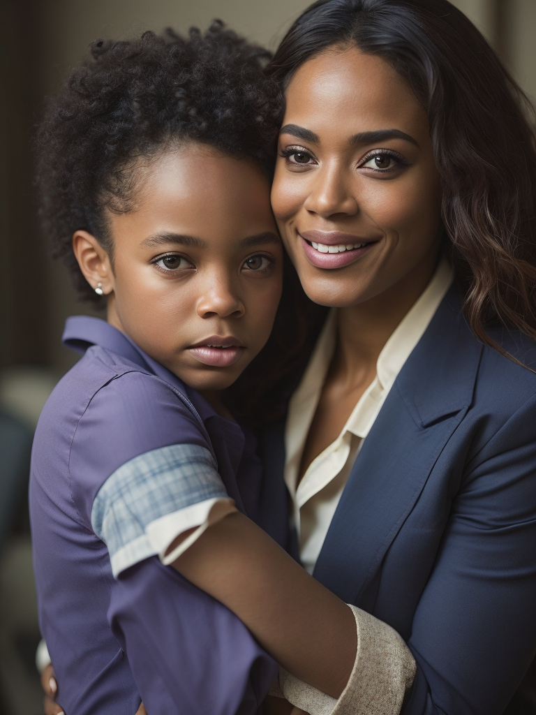 African-american woman smiling, hugging granddaughter, highly detailed, sharp focus, dramatic lighting, depth of field, blurred light color background