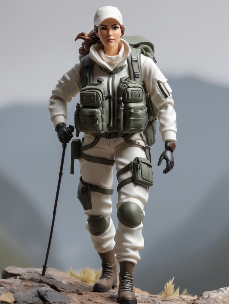 modern female hunter action figure with a real short beard wearing white clothes and a camping backpack