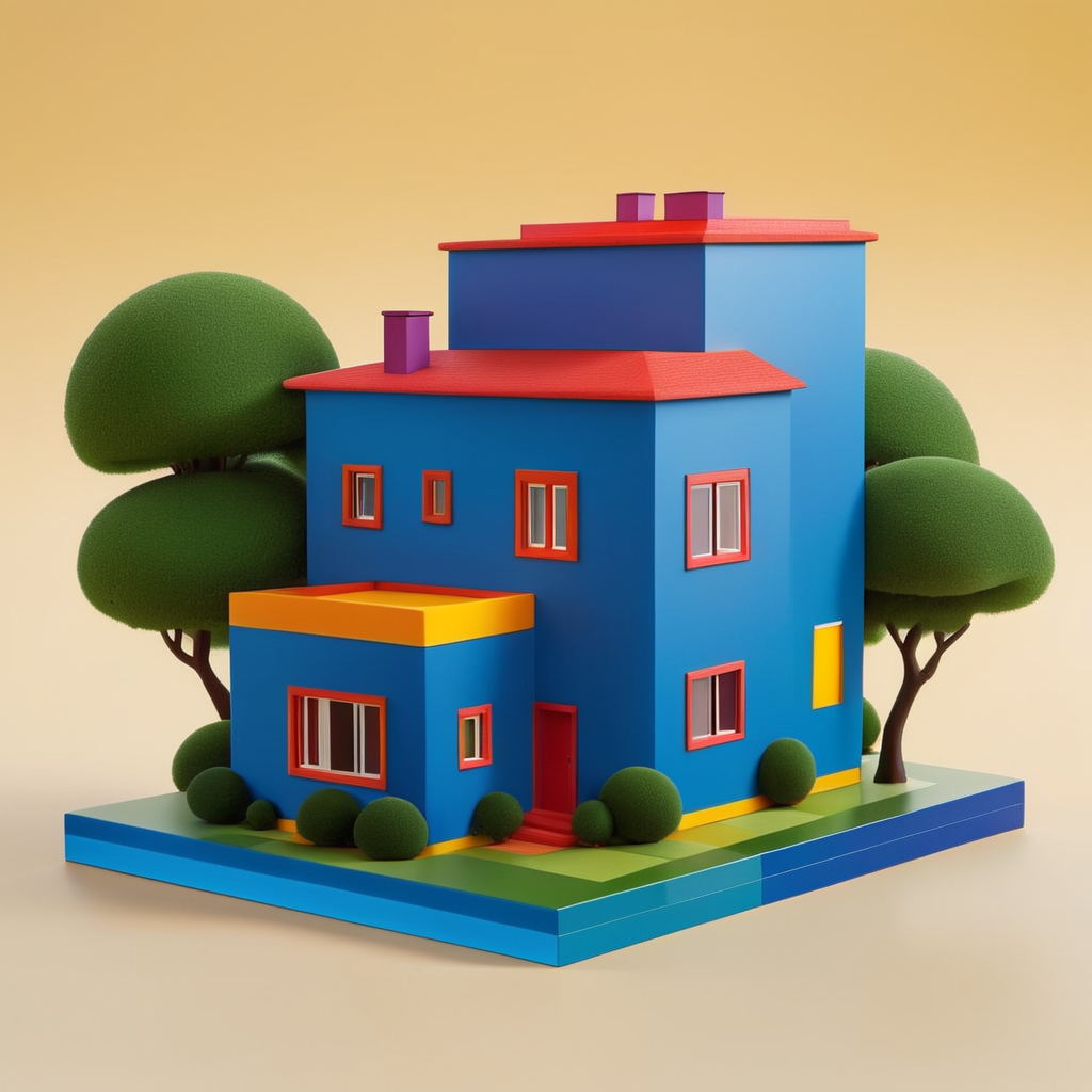 Vinil toy para Niño de 5 años xd una casa inspirada en la arquitectura de Luis Barragán y las pinturas de Escher con colores vibrantes colocado como si fuera una obra de arte contemporáneo. Encapsulado en resina.