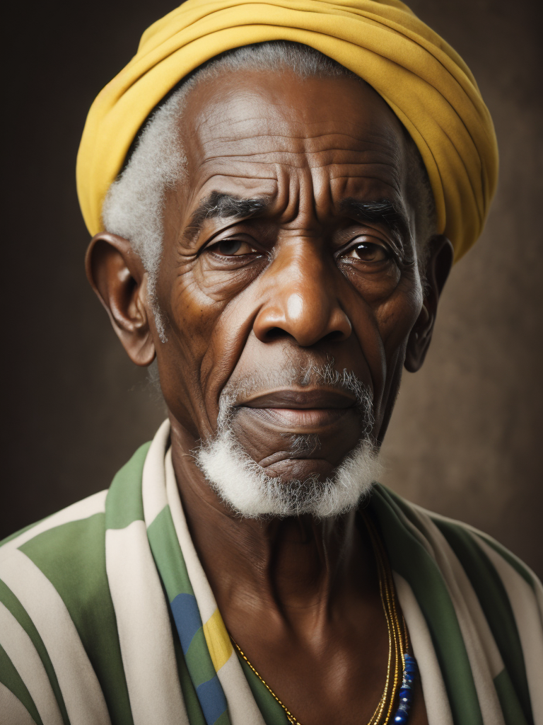 Jamaica's Old Man, portrait, realistic image, lots of details, wearing turban