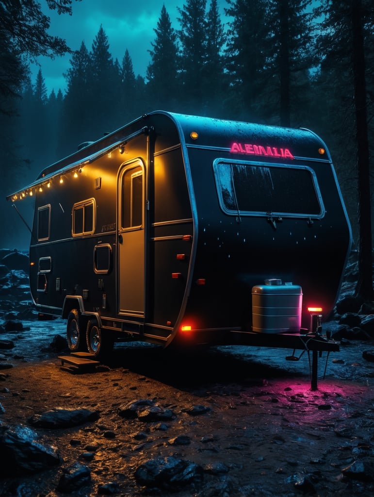 Alien camping trailer made of black alien liquid, translucent with neon lights, liquid dripping from the trailer, dark atmosphere