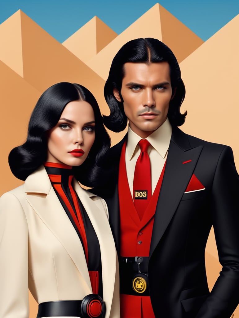 female and male fashion models 70's fashion portrait cover magazine "vogue" luxury vintage retro future sharp theme color wes anderson style Portrait of a woman with black hair, style of star wars giorgio armani suit hugo boss style, black red black sun symbol
